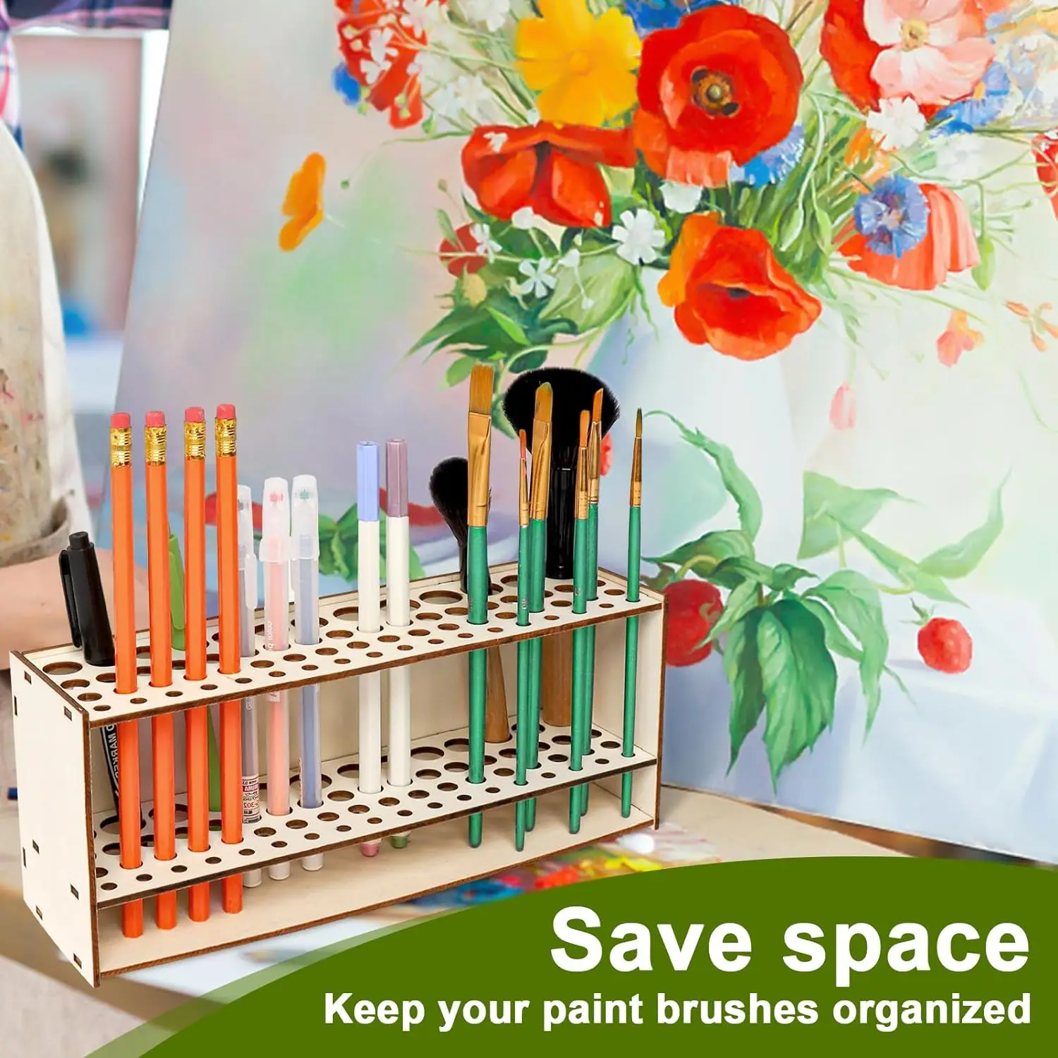67-Hole Wooden Paintbrush Holder 2